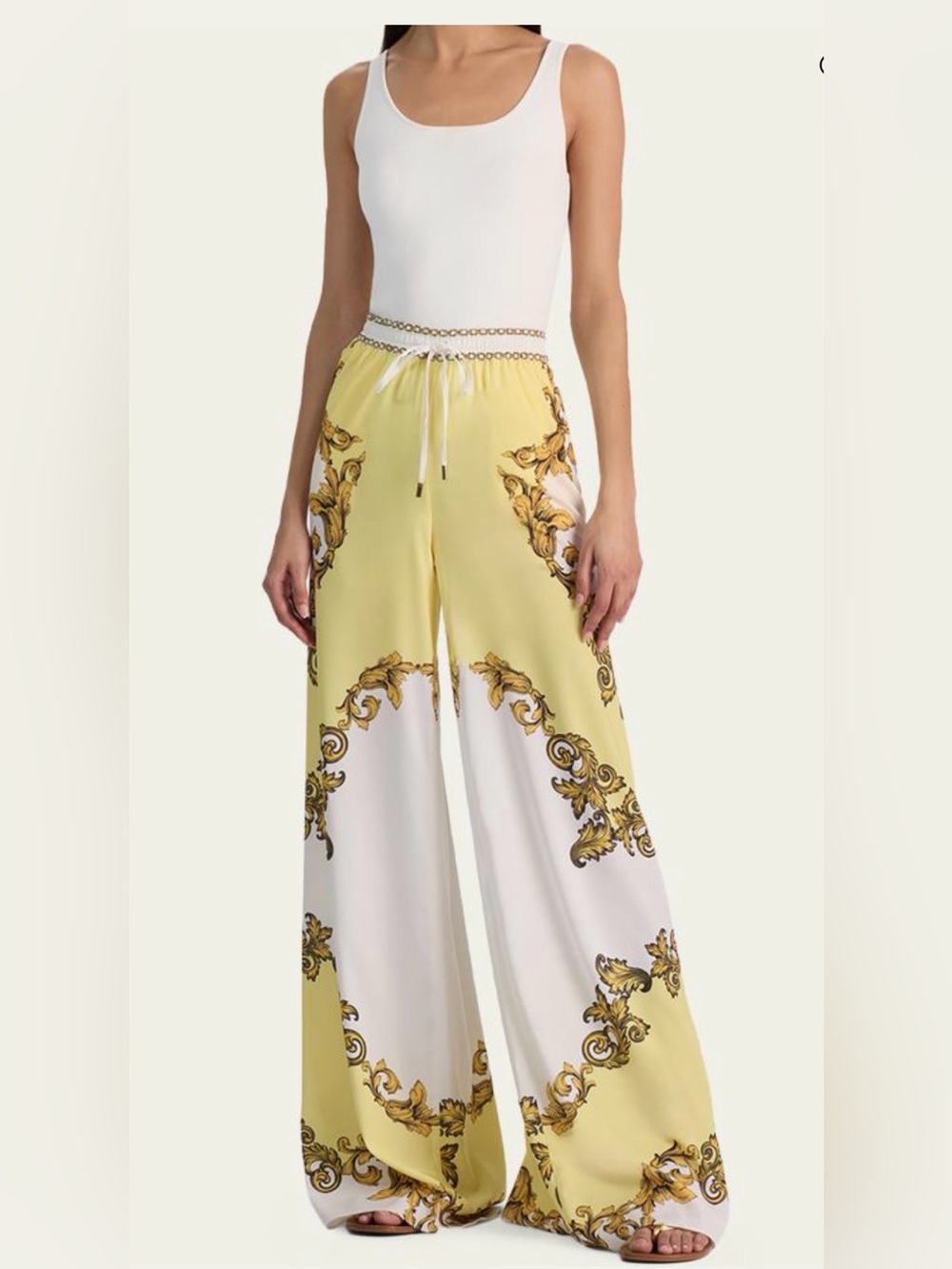 Alice + Olivia Yellow and White Baroque Wide-Leg Pants